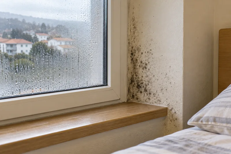 Vaho y gotas en una ventana junto a moho en la pared de un dormitorio.