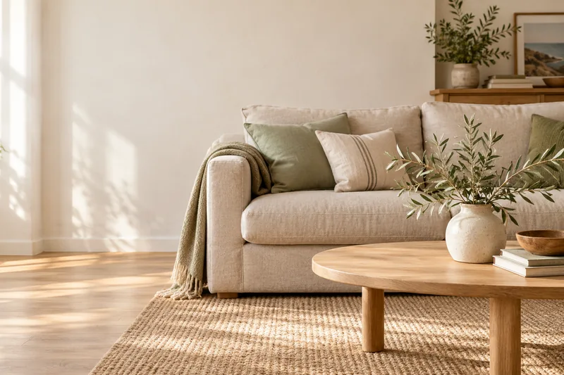 Salón luminoso con sofá de tonos naturales, cojines salvia y una mesa de madera.