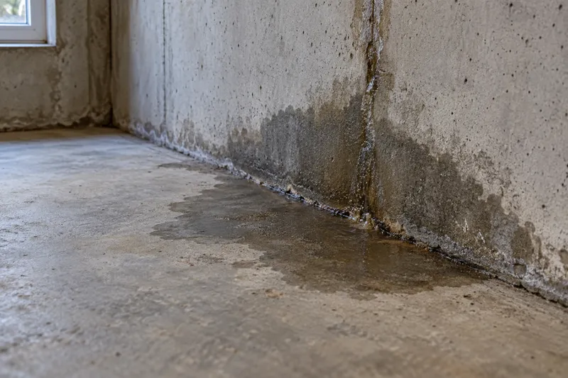 Mancha húmeda y entrada de agua en la unión de muro y suelo de un sótano.